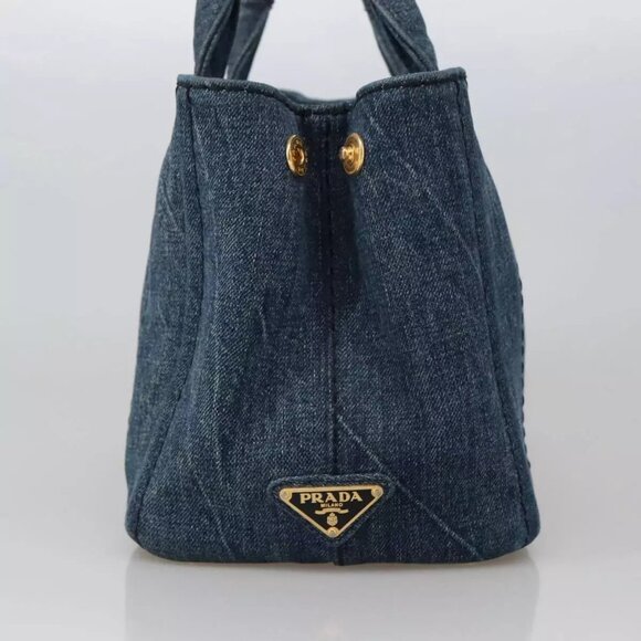 PRADA Canapa PM Hand Bag Denim Blue Gold Auth - Picture 10 of 15